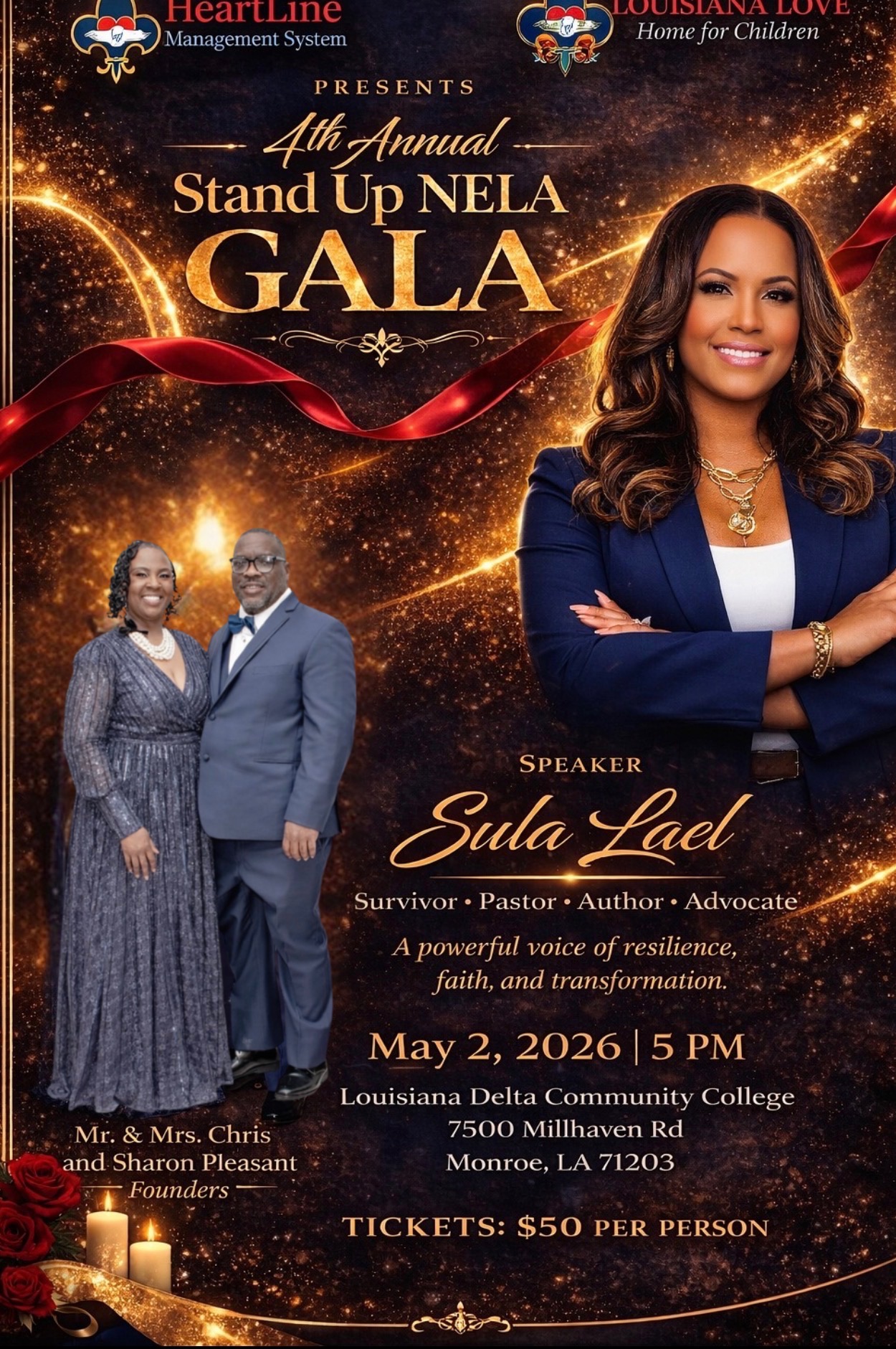 4th Annual Stand Up NELA Gala flyer featuring speaker Sula Lael, May 2 2026, Louisiana Delta Community College, Monroe LA