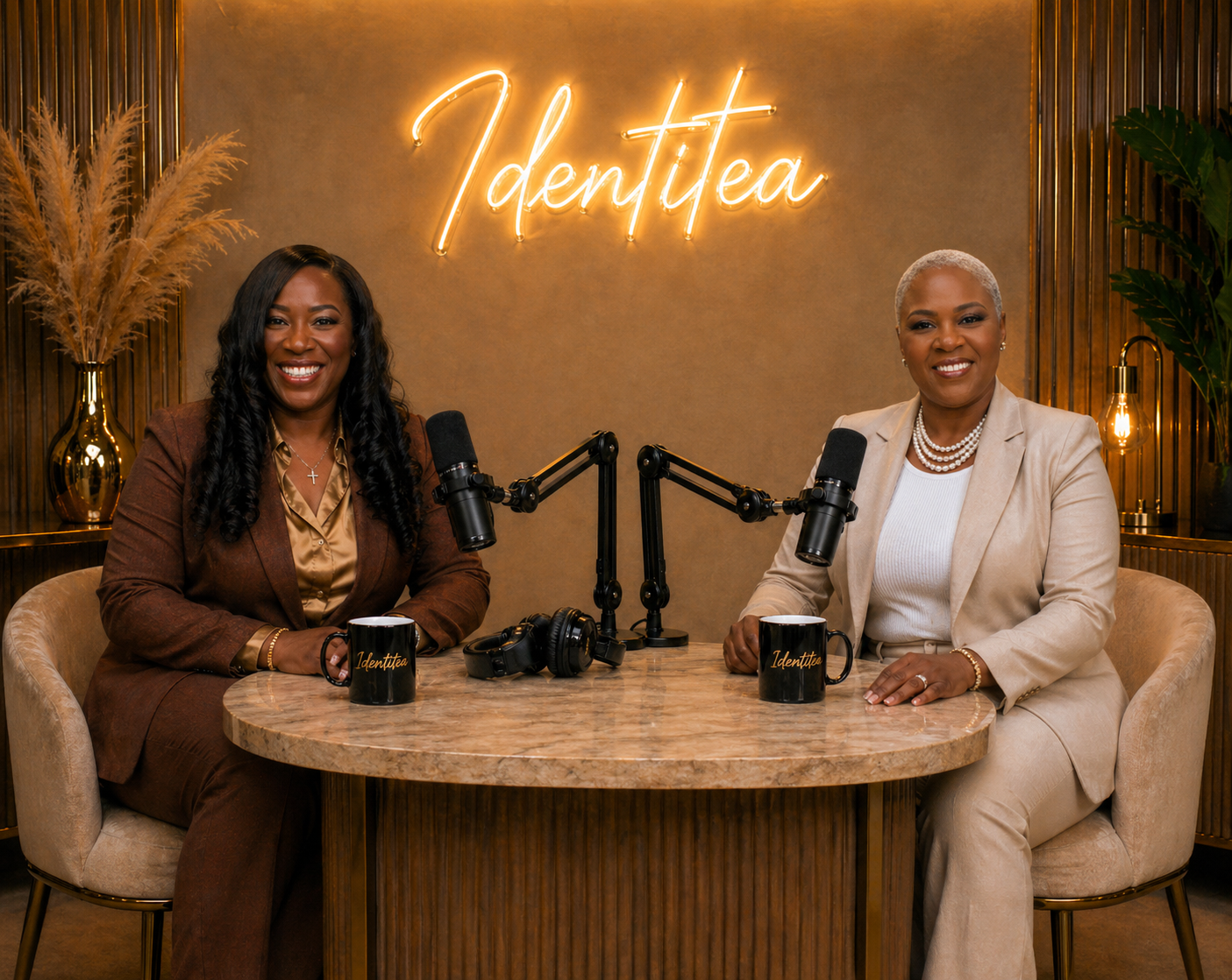Marlene Carson and Sharon D. Pleasant seated at microphones in the IdentiTEA studio